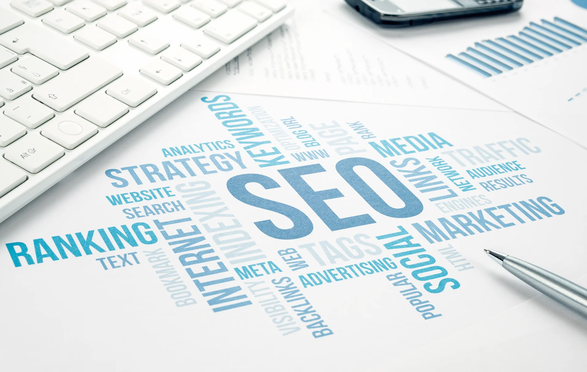 SEO word cloud highlighting ranking, strategy and keyword research